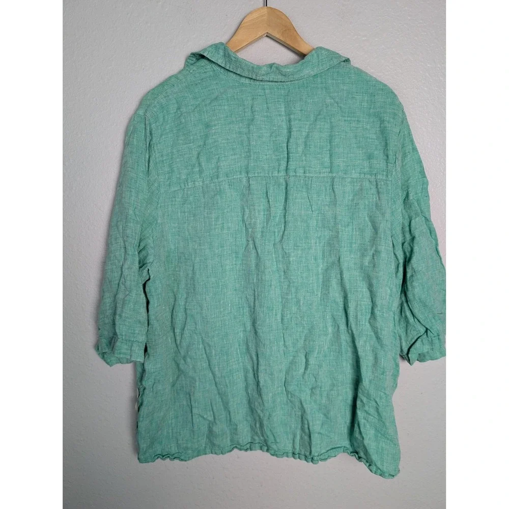 Tahari Womens Tunic Blouse 2X Green 100% Linen V-Neck 3/4 Sleeve Ruffle - Picture 6 of 8